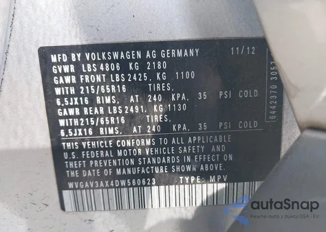 2013 Volkswagen Tiguan S from USA, damaged, VIN WVGAV3AX4DW560623